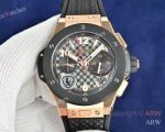 High Quality Replica HUBLOT BIG BANG 20TH ANNIVERSARY Black Imported Fluororubber Strap Black Checkered Face Dial Gold Case Watch 43mm
